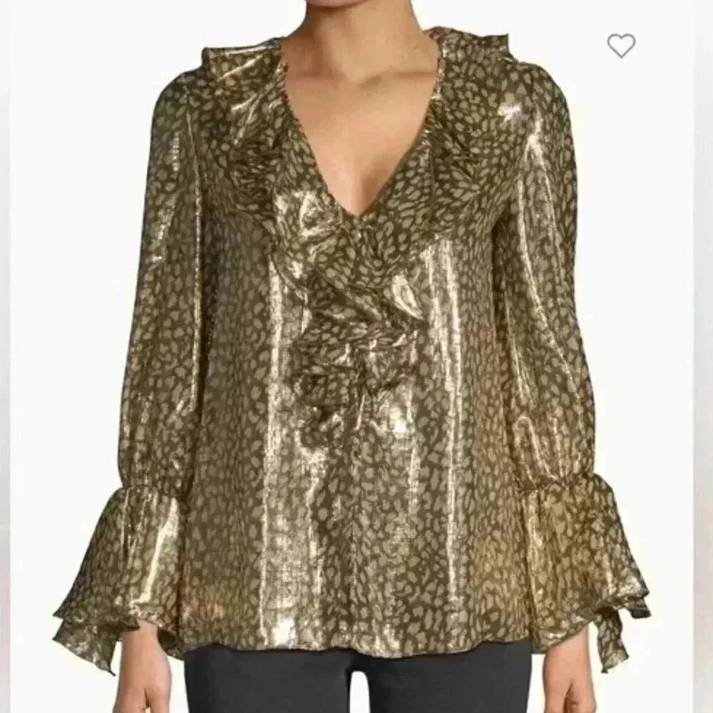 NWT Alice + Olivia Elliot Metallic Leopard Ruffle Blouse